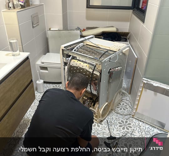 אדם מתקן מכונת כביסה עם כלים חשמליים